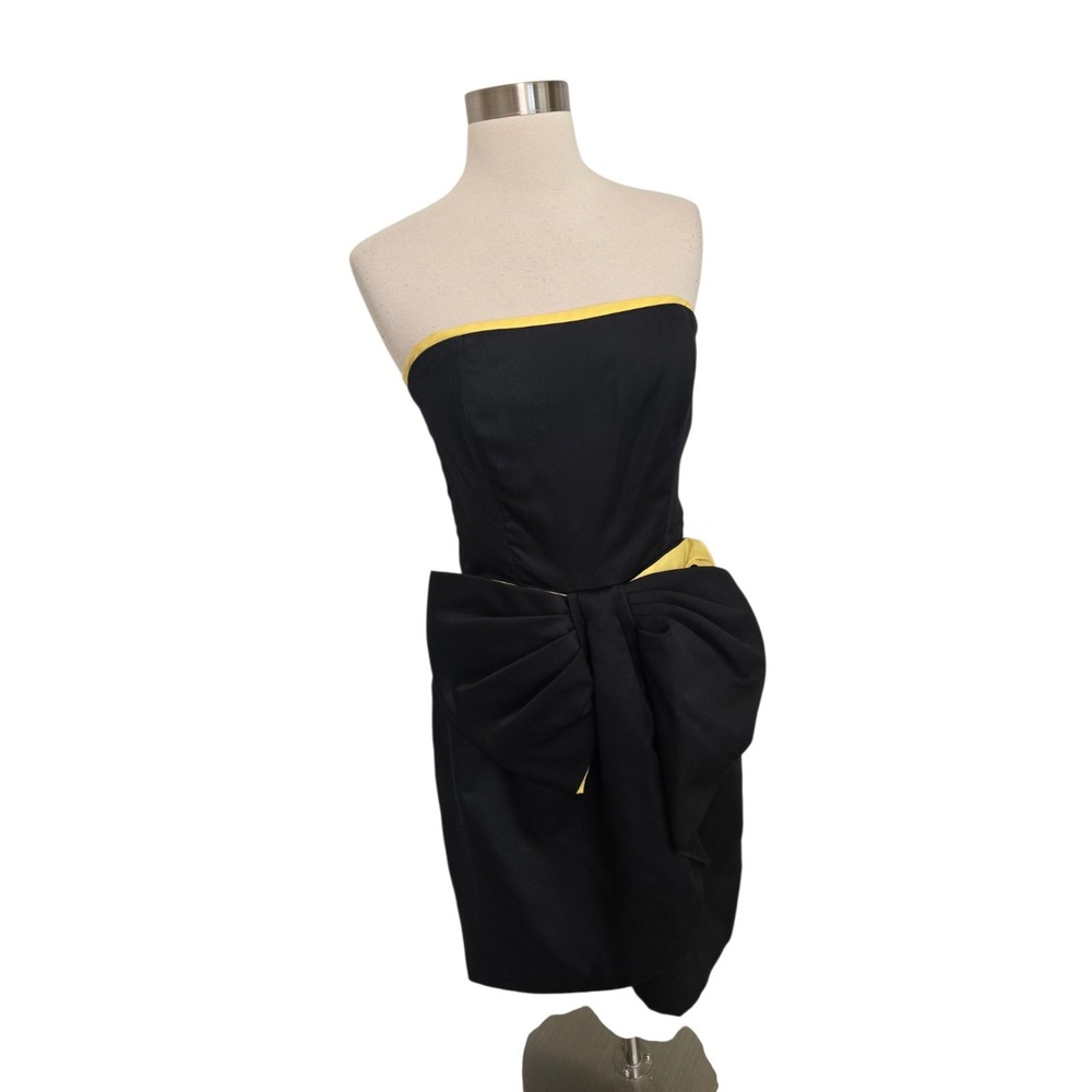 Victor Costa 80s 90s Vintage Black Yellow Strapless Bow Cocktail Dress Size 10
